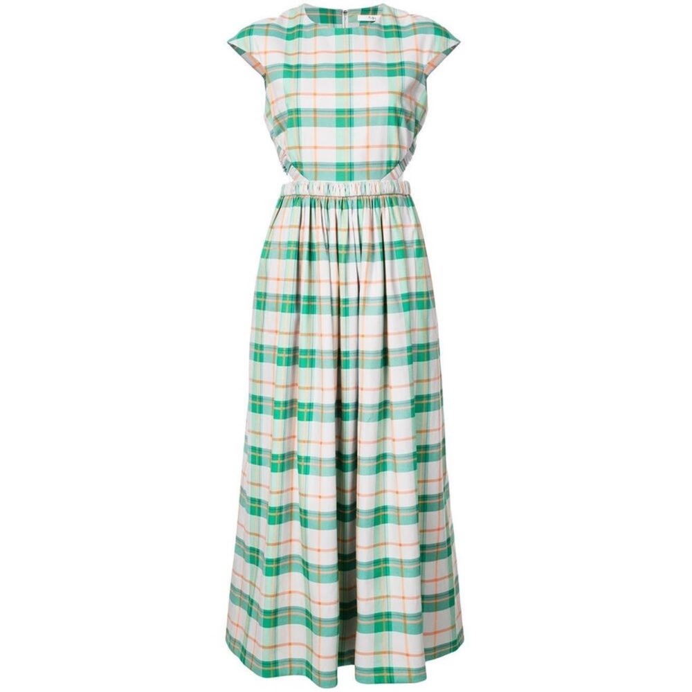 TIBI Women's Green Hani Plaid Cap Sleeve Cut-Out Maxi Dress Size 0